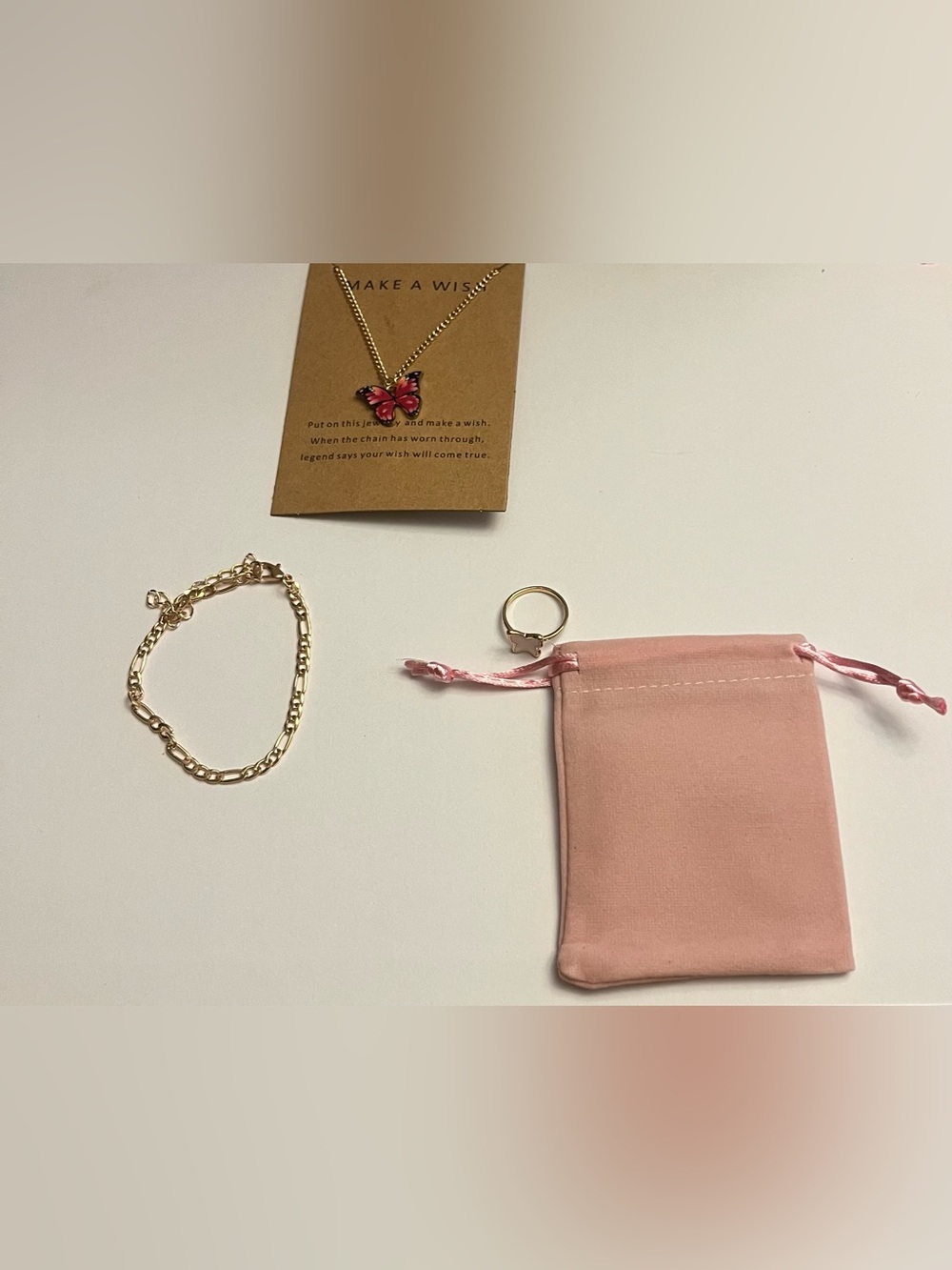 Gold Chain Bracelet with Pink Drawstring Pouch
